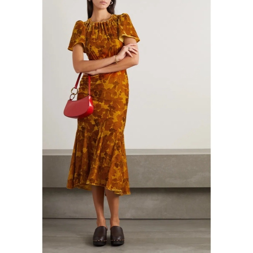 NWT RHODE Arabella Gathered Floral Velour Midi Dress
